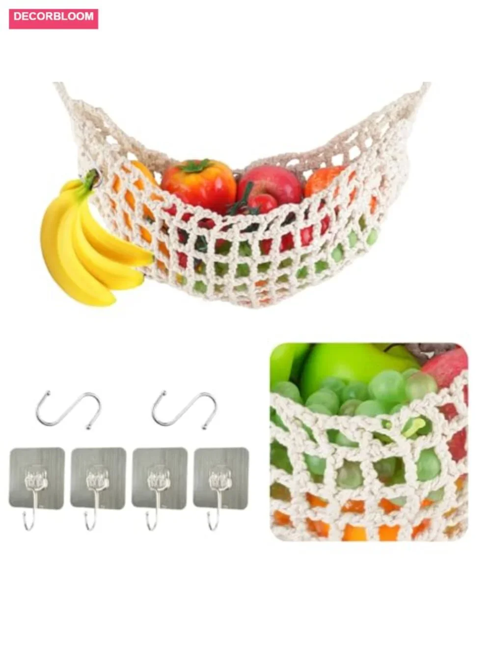 Hanging Fruit Hammock Basket Macrame Hand-Woven Produce Vegetable Storage with